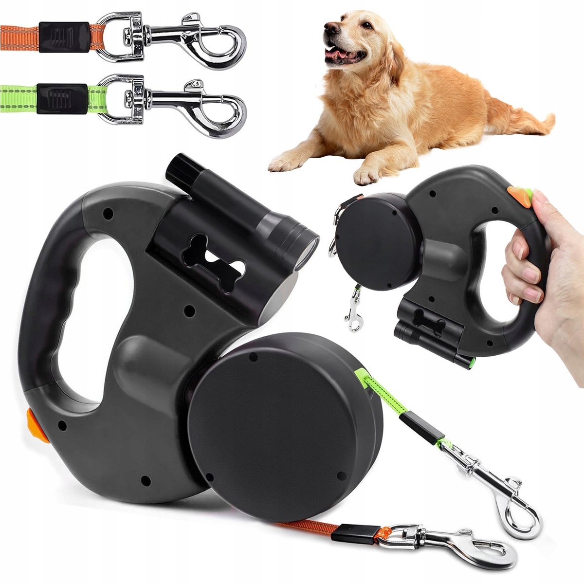 2 in 1 Hondenriem - Telescopische Hondenriem - Stevige Hondenlijn - 2 Honden - 360° Anti-klit - LED Verlichting - 3m - Reflecterend - Ergonomische Grip - 13,6kg - Voor Kleine & Middelgrote Honden - Zwart