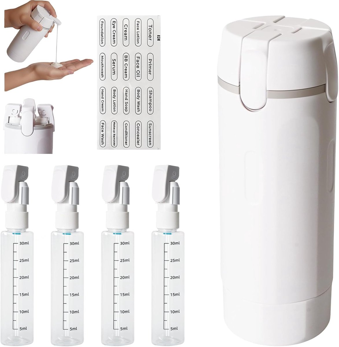 4-in-1 reisdispenserfles, navulbare reisdispenserflessen, navulbare reisflessen, reisgadgets, draagbare reisflessen voor shampoo, lotion, conditioner en douchegel