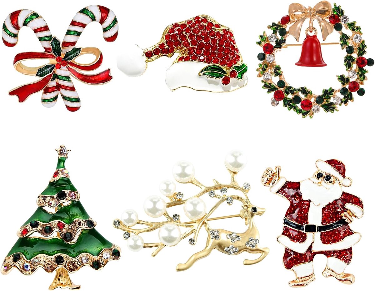 6 stuks broche kerstset, kerstversiering, broches, spin, strass, reversspeldjes, sieraden, cadeau voor dames, kinderen, meisjes, kristallen kerstbroche met glitter voor kleding en ornamenten