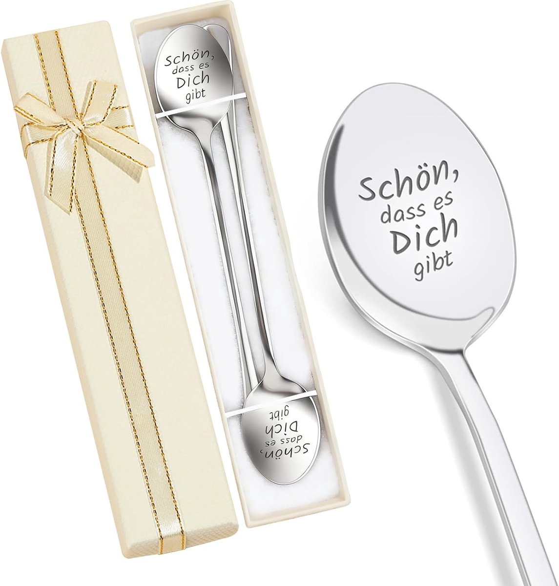 Koffielepels met gravure in geschenkset, Beautiful dass es Dich Best, hoogglans gepolijst, incl. geschenkdoos & stoffen zakje, cadeau voor Valentijnsdag, verjaardag, trouwdag