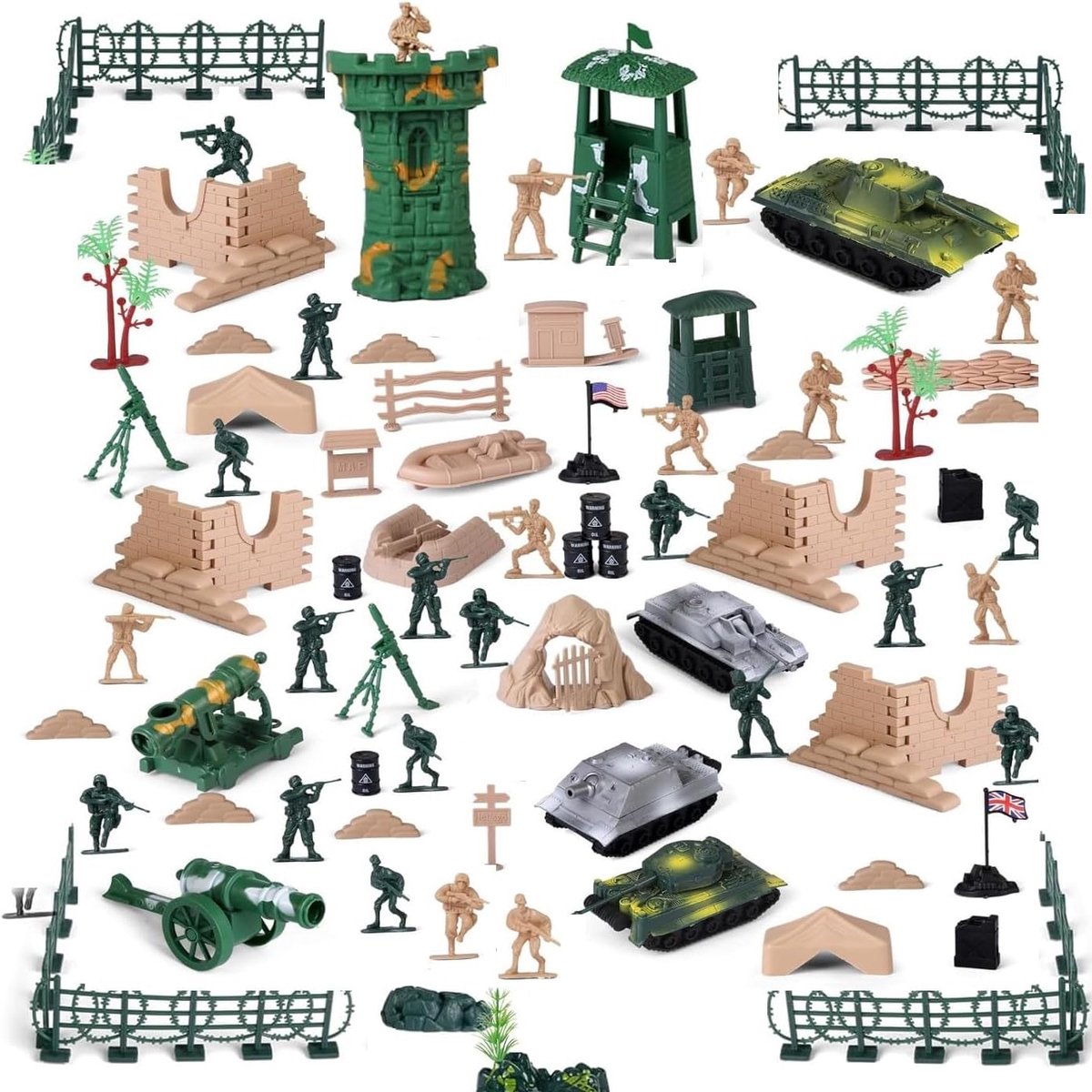 100 stuks militaire soldatenfiguren, speelgoed, slagveld, speelgoedset met soldaten, tank, vliegtuig en accessoires, plastic legeractiefiguren met opbergtas, voor jongens en meisjes jaar