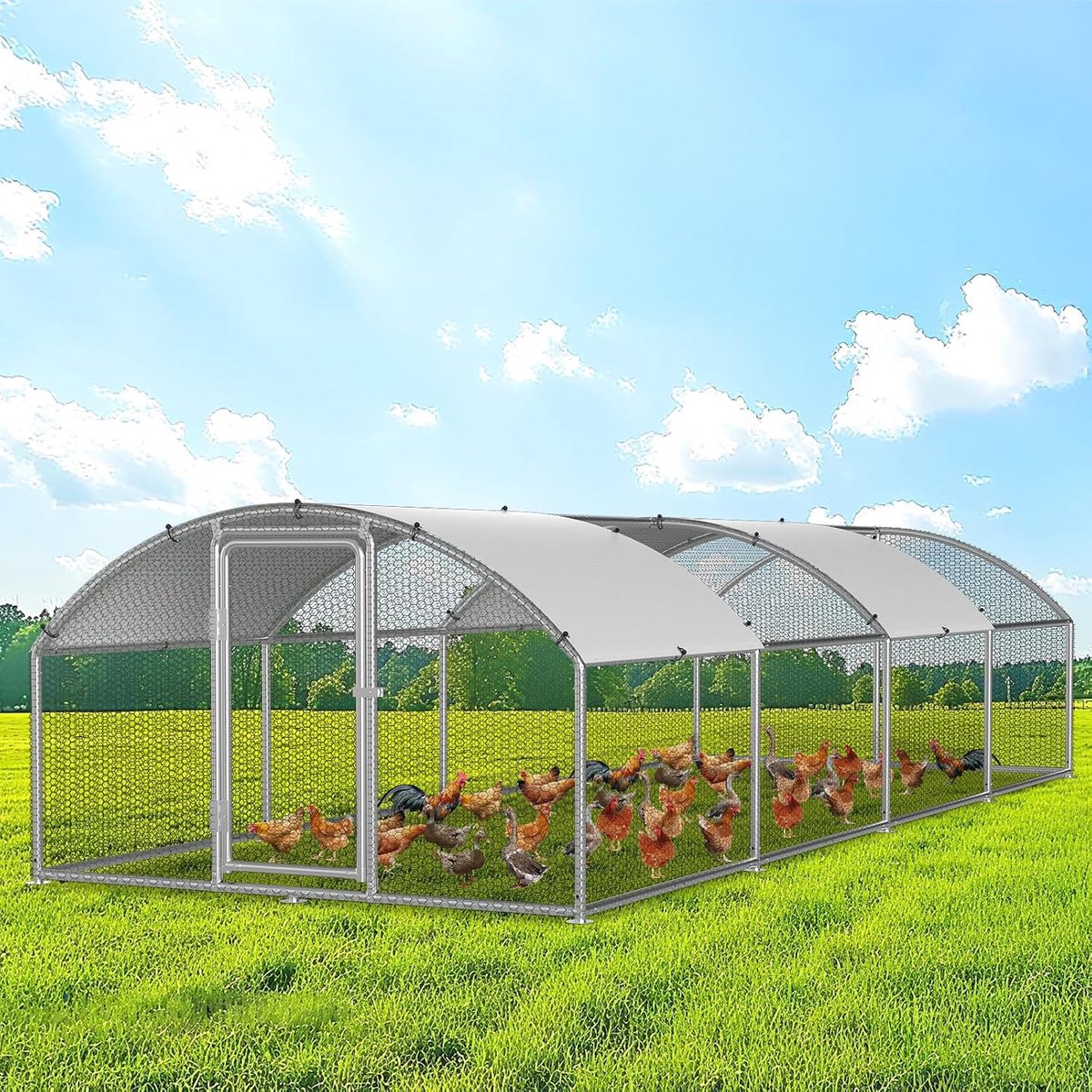 Vrijloophok, konijnenhok, verzinkt staal, outdoor kippenhok, koepeldak met slot en waterdicht PE-weefsel, voor kippen, kleine dieren en planten (3 x 8 x 2 m)