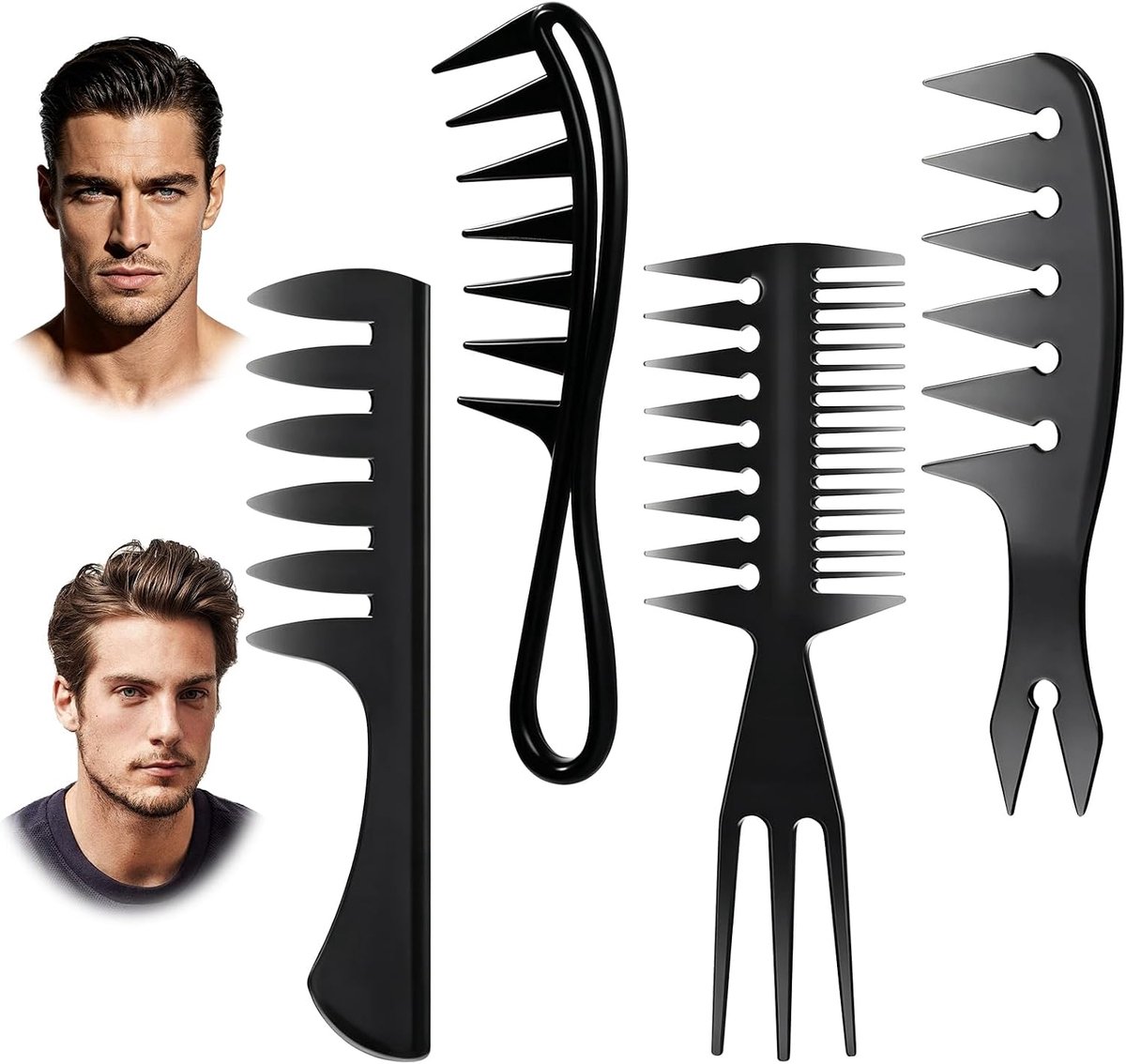 Set van 4 kapperskammen voor heren, textuurkam, brede tanden en geventileerde borstel, afrokam voor volume en krullen, haarset voor drogen, ontwarren en stylen