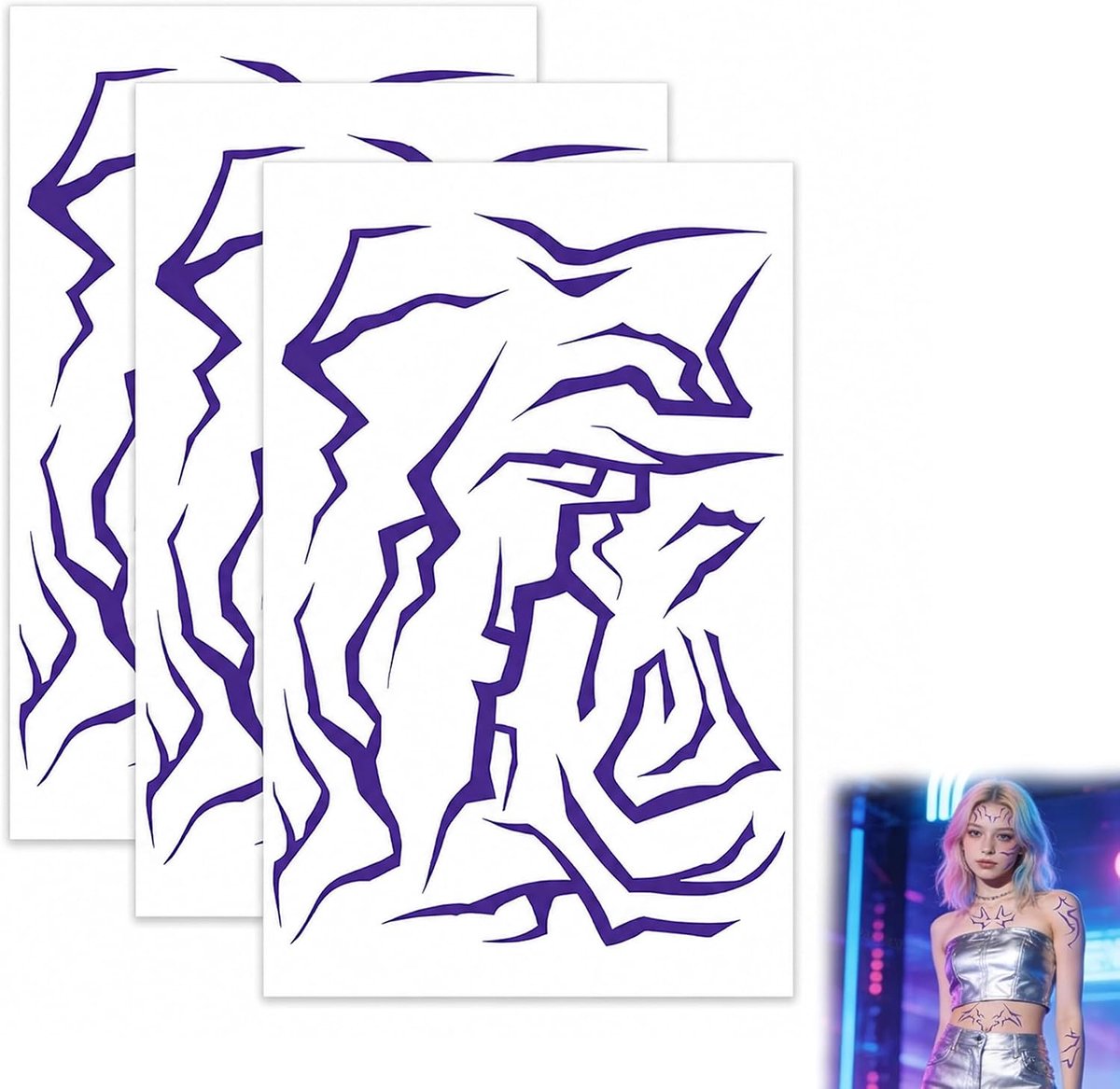 Tijdelijke demonenjager tatoeages - Paarse demonen bliksem ontwerp met uv-glans voor gezicht en lichaam, ideaal voor cosplay, rave-party, Halloween en verkleedpartijen.