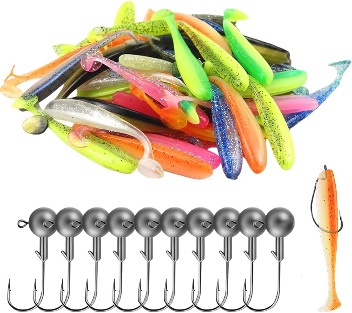 40 stuks kunstaasset met transparante doos, uitgerust met tien haken, ingebouwde reflecterende pailletten voor baars, snoekbaars, forel (6 cm) (8 effectieve kleuren)