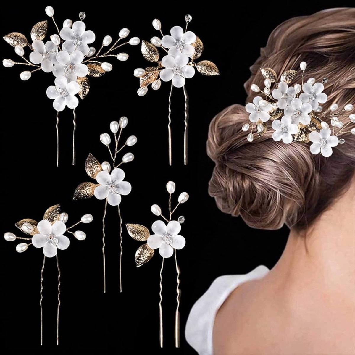 5 Stuks Bruid Haarspelden Bloem Parel Haaraccessoires Kristal Haarpin Bruiloft Haarsieraad Bruids Haarclips Voor Opgestoken Haar Feest Kapsel (Goud)