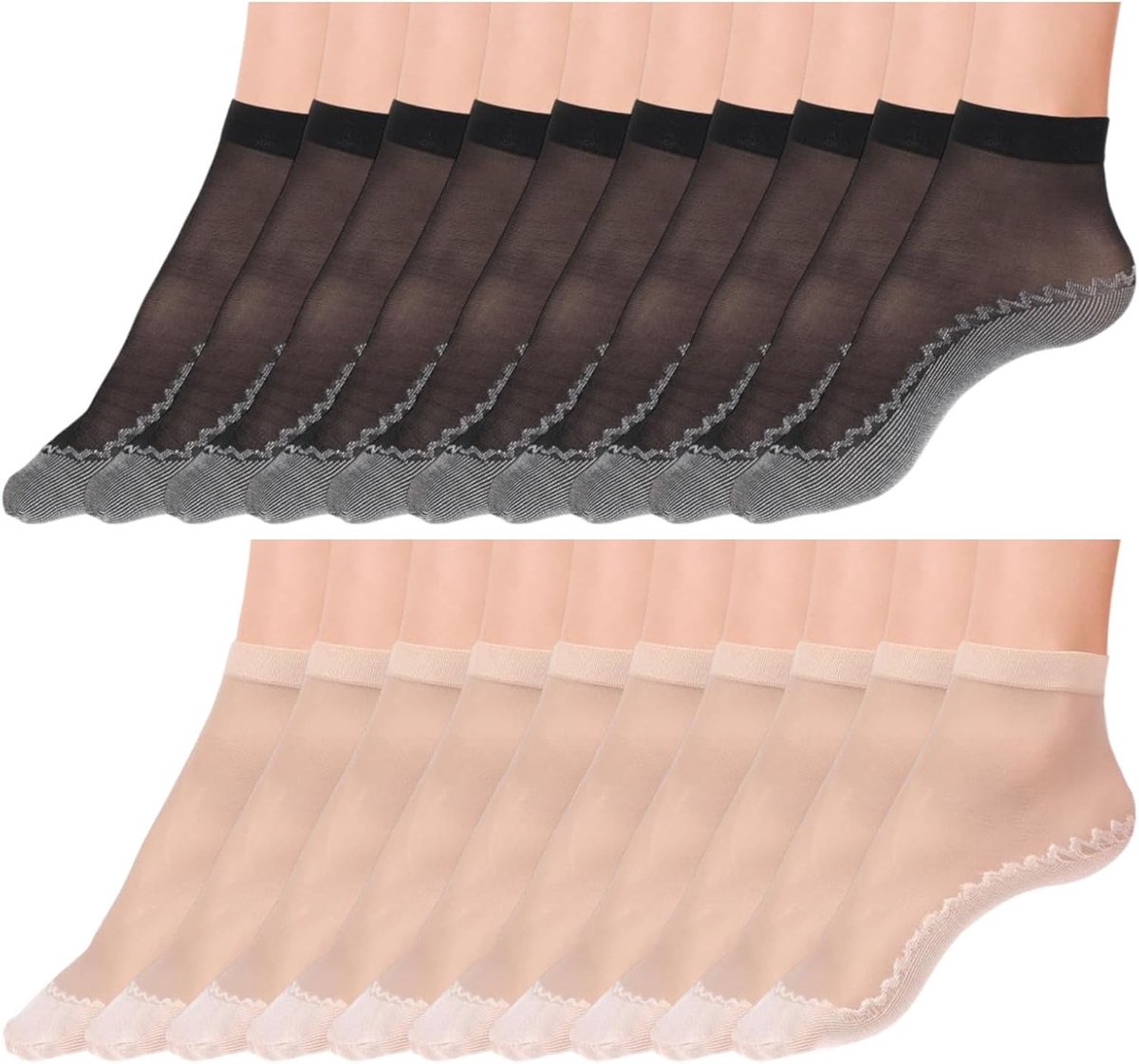 Sokken, transparant, doorschijnende damessokken, korte sokken van zijde, antislip katoenen zool, licht en ademend (10 zwart + 10 beigeen)