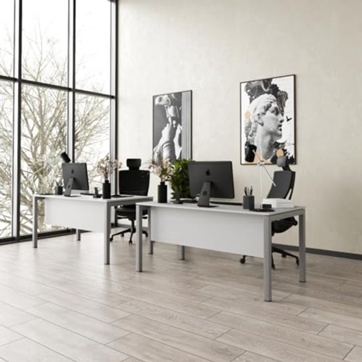 Ruime Gelamineerde Computertafel voor Thuiswerkplek - Eiken Blad en Kabelgoot, 160 x 80 x 75 cm, Grijs