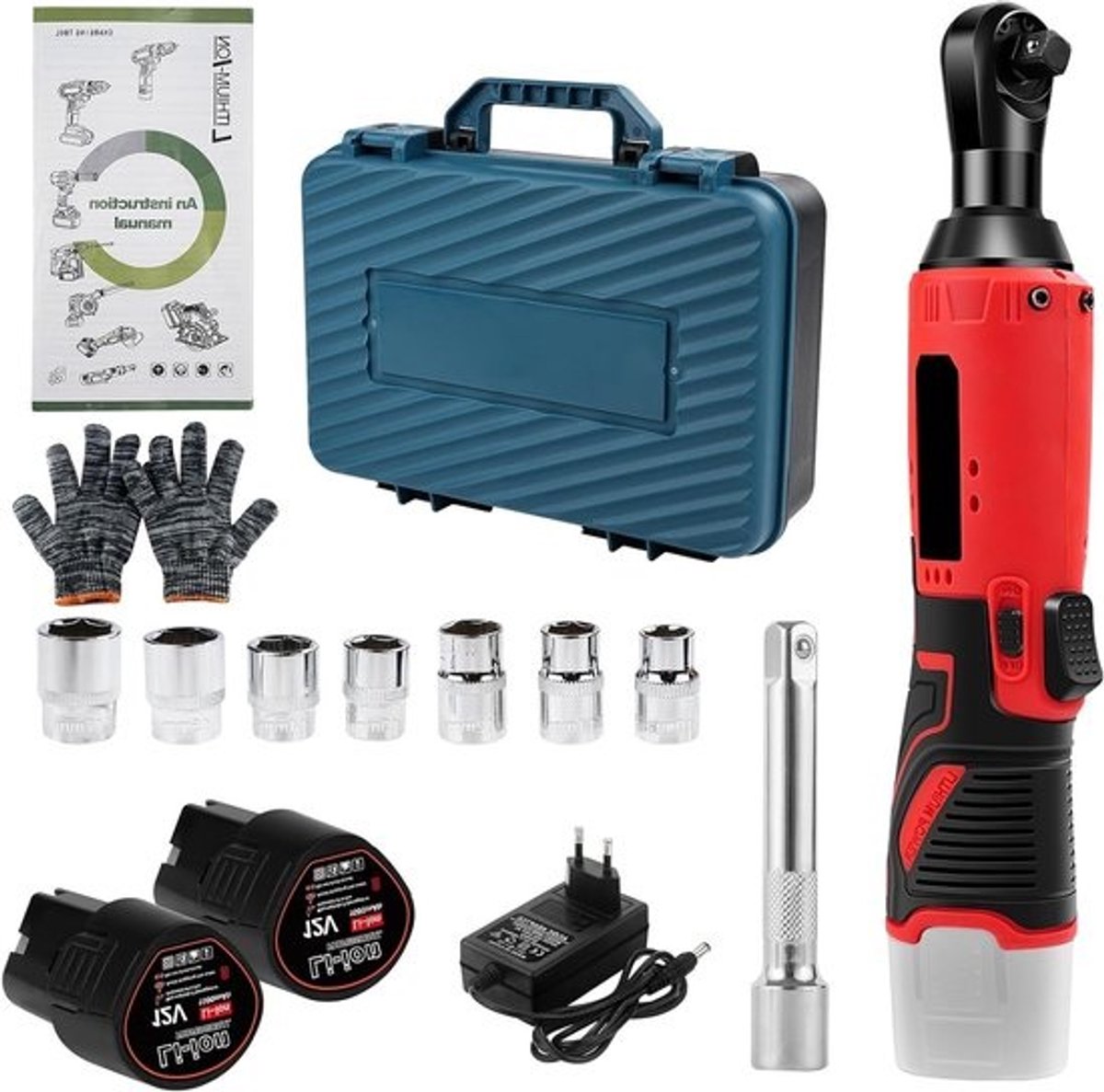 Draadloze 12V-ratelsleutelset 3/8 inch met een koppel van 35 Nm, 0-320 RPM, 2 x 1500 mAh-batterijen en 7 opzetstukken voor meubels en auto's