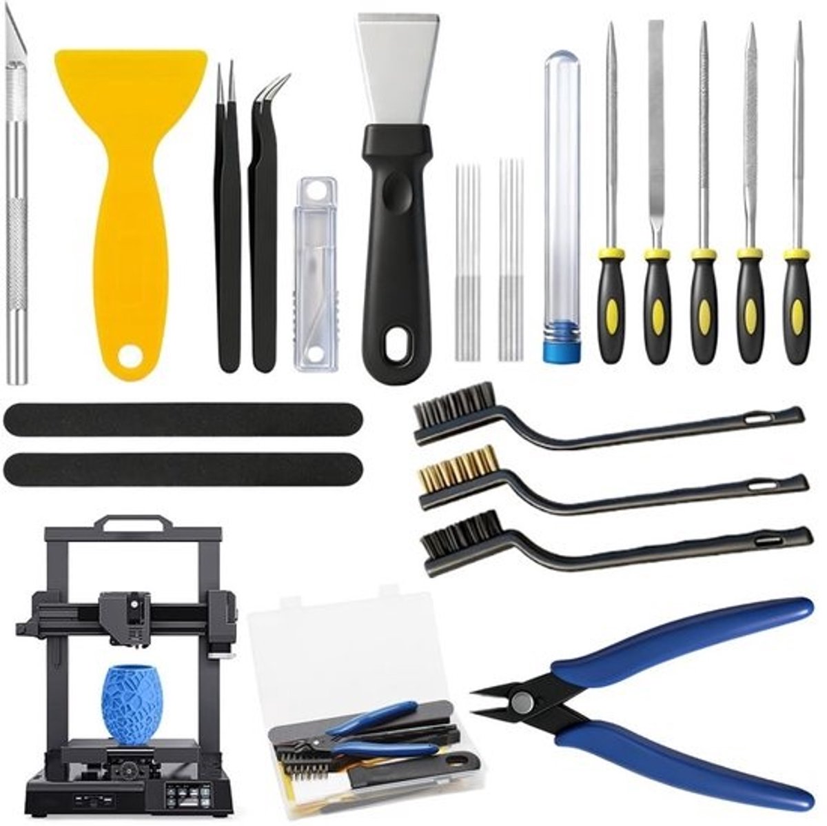 Complete 31-delige 3D Printer Accessoires Set met Gereedschap, Deburrer, Tweezers, Snijgereedschap, Naaldbestanden, Reinigingsnaalden en Reinigingsdoek voor Optimale 3D Printresultaten