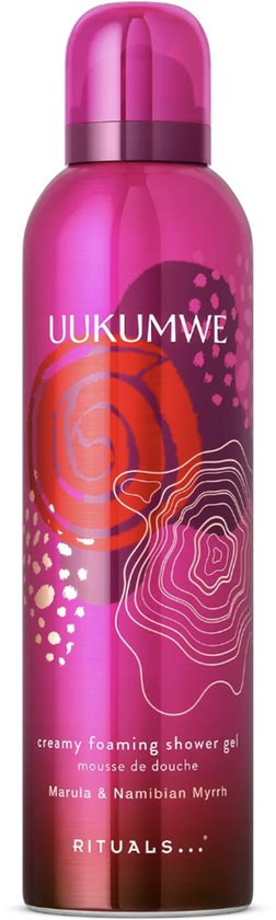 Roze metalen fles met UUKUMWE logo, creamy foaming shower gel mousse de douche, Marula & Namibian Myrrh, RITUALS.
