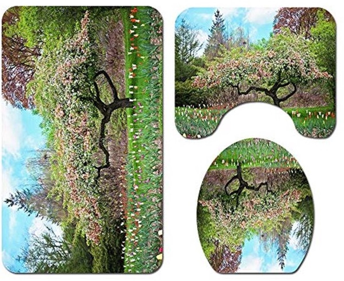 Polyester Antislip Badkamer Mat Set - Badmat, Voetstuk Mat en Toiletbril Cover - Natuurlijke Landschapsdruk