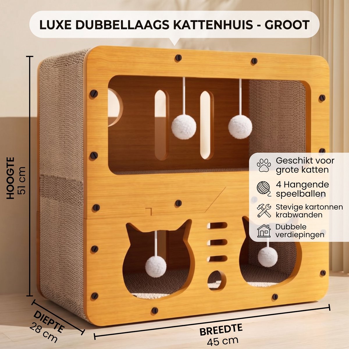 Sir.Pawsalot Luxe Houten Kattenhuis met Krabplank - 2 Verdiepingen - Krabmeubel met Speelballetjes - Groot Formaat (51 cm) - Licht Hout thumbnail 2