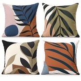 Sierkussens set van 4 stuks - INCLUSIEF BINNENKUSSENS 45x45 cm - bladen - blauw - bruin - groen - dubbelzijdig bedrukt - kussensloop - kussens woonkamer - kussenhoes
