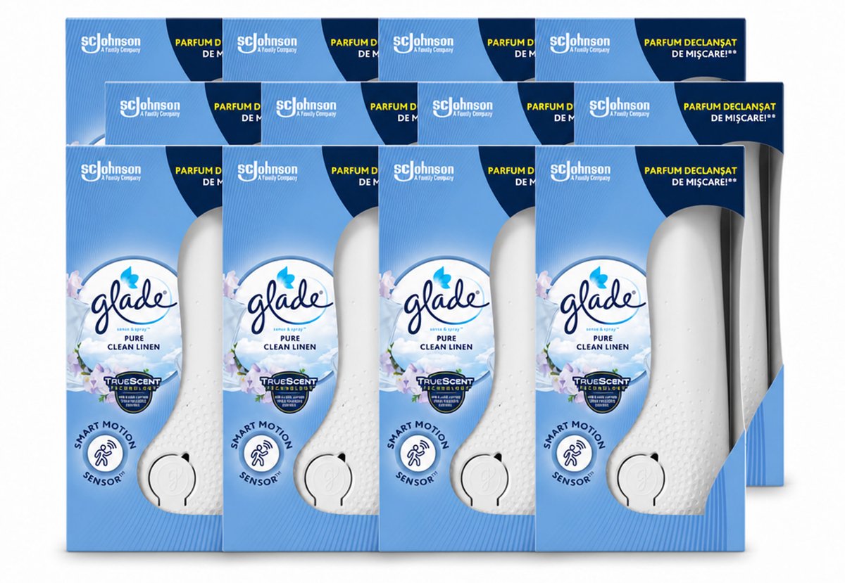 12 x Glade - Houder Sense & Spray - Pure Clean Linen - 18 ml - Voordeelverpakking - 12 stuks