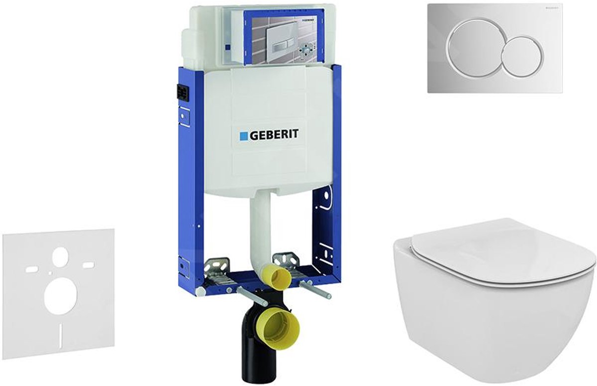 Inbouwreservoir voor hangend toilet met SIGMA01 bedieningsknop, glanzend chroom + Ideal Standard Tesi - hangend toilet en wc-bril, Aquablade, SoftClose