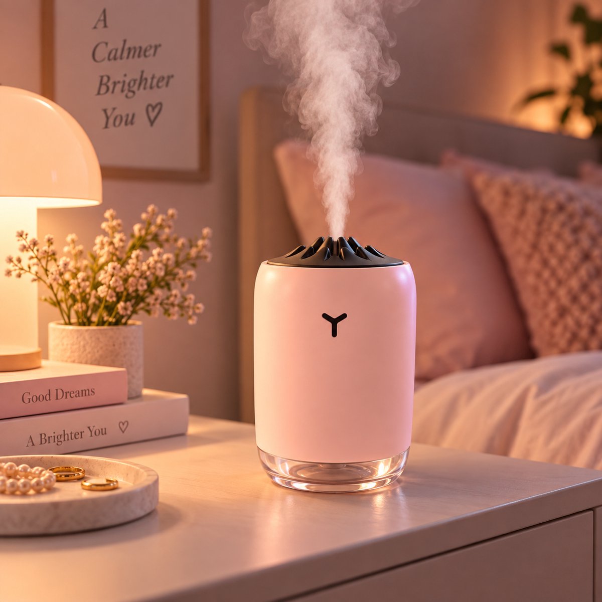 BOECK Luchtbevochtiger met Sfeerlamp – Ultrasone Mini Humidifier – Stille Cool Mist – USB – Nachtlamp voor Slaapkamer & Kantoor – Roze — cadeau in Wonen & Interieur - foto 4
