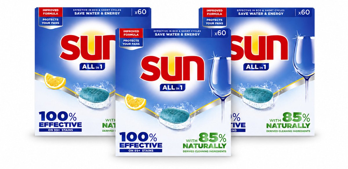 3 x Sun - Vaatwastabletten - All-in-1 Citroen - 60 tabletten - Voordeelverpakking - 3 stuks