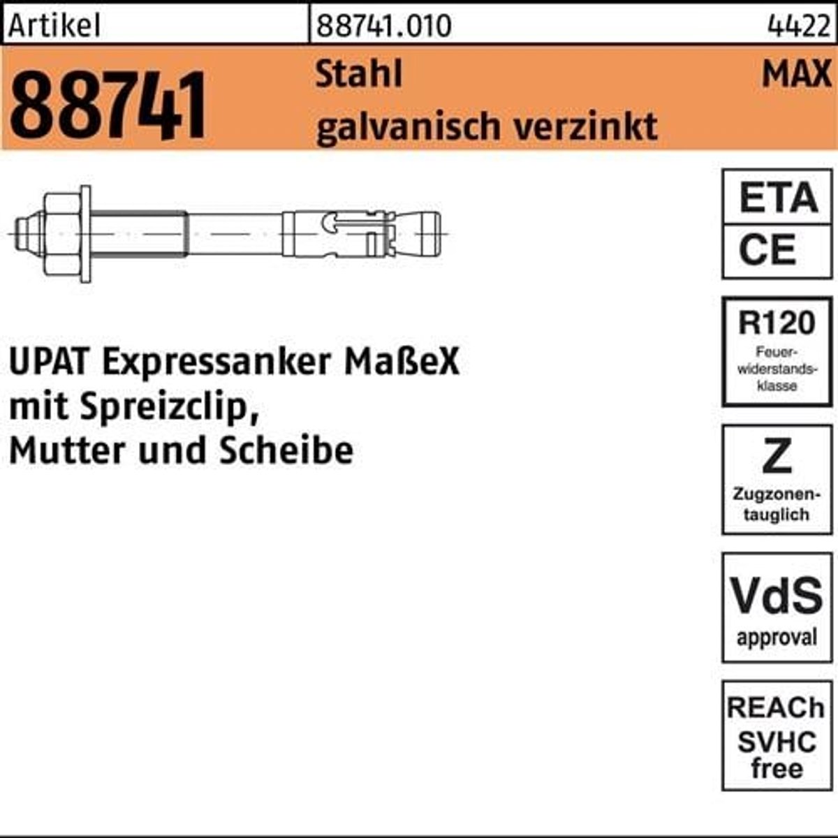 Expressanker R 88741 MAX 16/50/173 staal galv.verz. 20 stuks UPAT