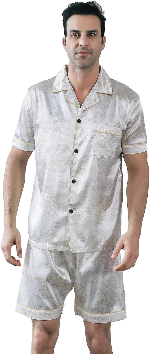 pyjamaset met korte mouwen, zijdeachtige pyjamabroek, hoogwaardige button-down-nachtkleding, veelkleurige zijdeachtige pyjamaset voor heren