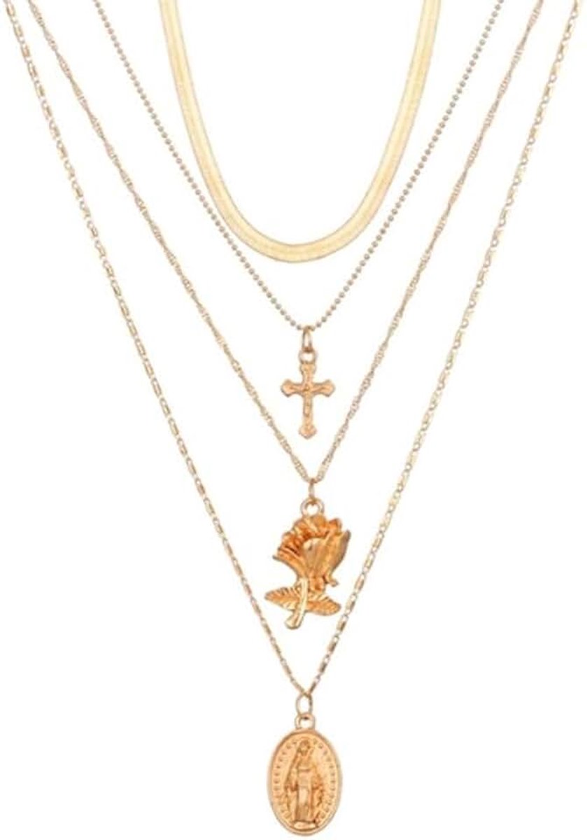 Dames ketting goudkleurig Kruis Roos Munt