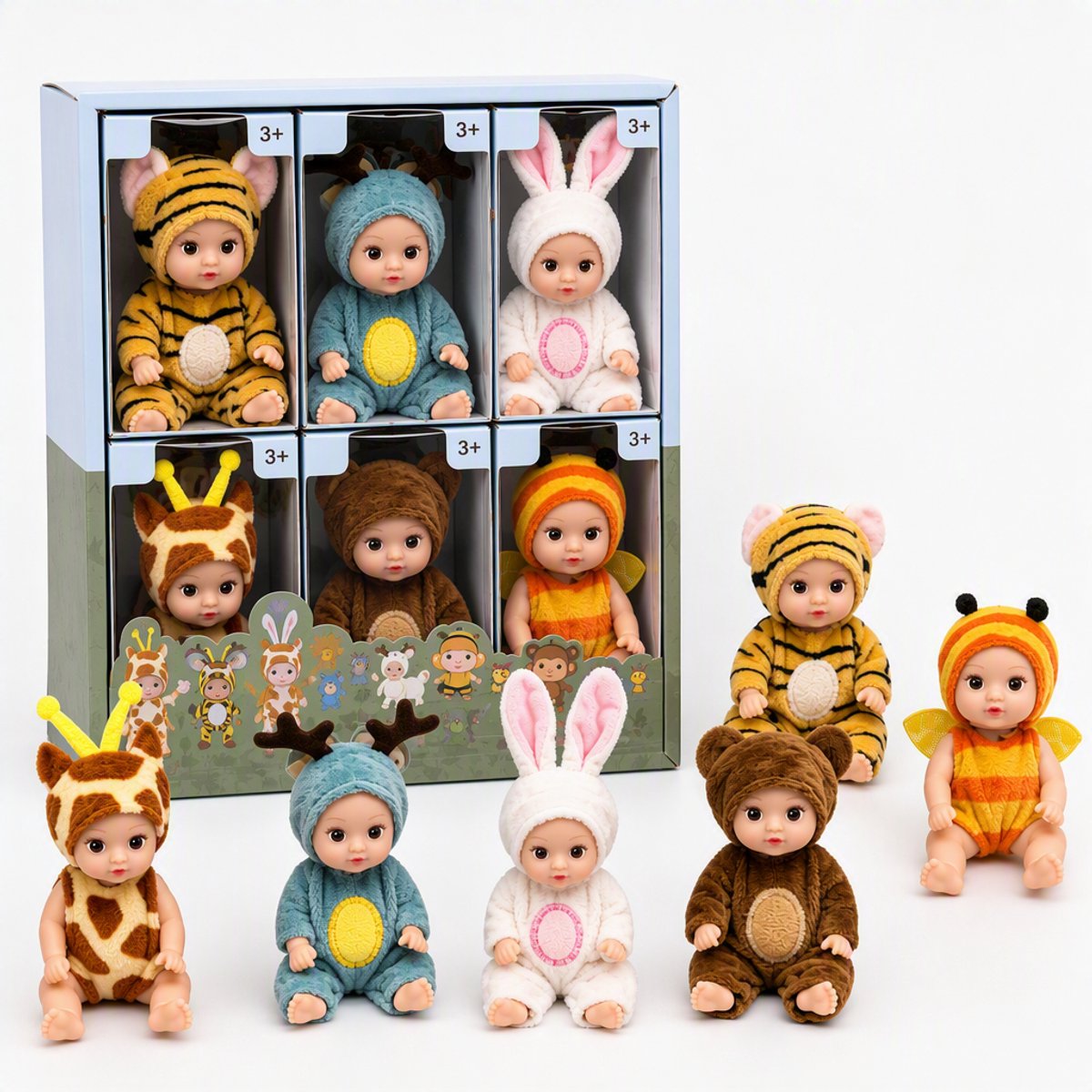 ECTEATOY® Babypop - 6 stuks set - mini Babypoppen met verwisselbare dierenkleding - 11,5 cm - kinderspeelgoed vanaf 3 jaar