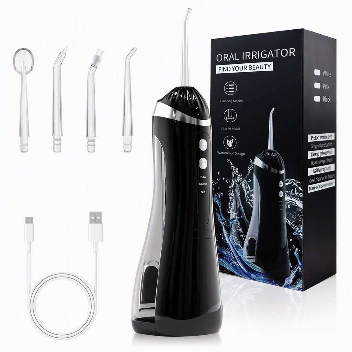 TEKROA® Waterflosser - Draadloze Monddouche - Tandplak Verwijderaar -200 ml - 3 Reinigingsstanden - Vier soorten sproeiers - Tanden & Beugels reinigen - Zwart