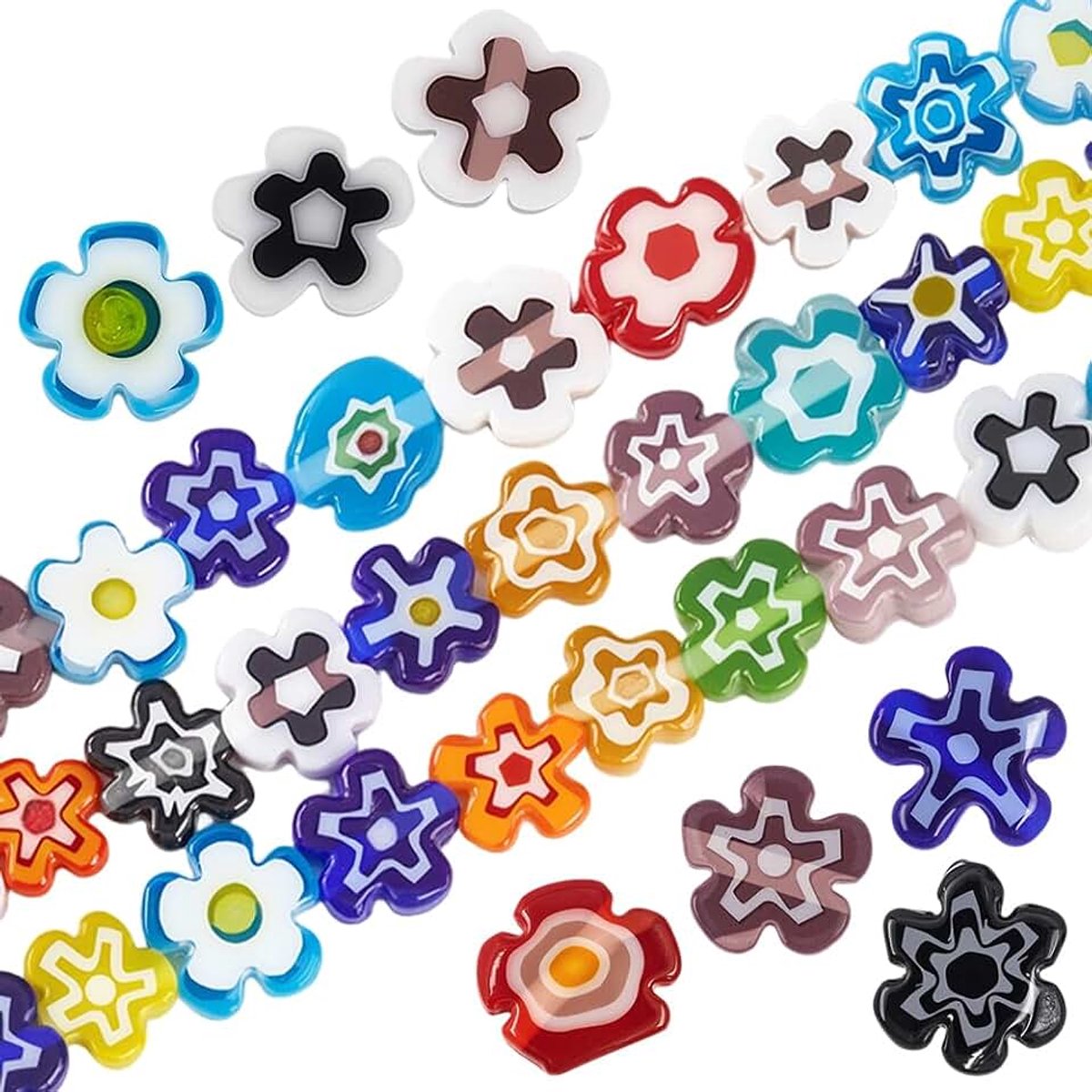1 doos met 3 strengen Lampwork glazen kralen, 4 ~ 7,2 mm, gemengde kleuren, met gaten in de vorm van een bloem, Millefiori, platte bedels, losse kralen voor het maken van sieraden