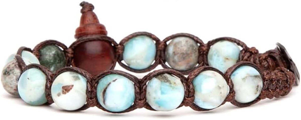 Originele Tibetaanse unisex armband gemaakt van Larimar natuursteen en bruin koord. Eén maat. BHS900-297, Eén maat, Katoen, Larimar