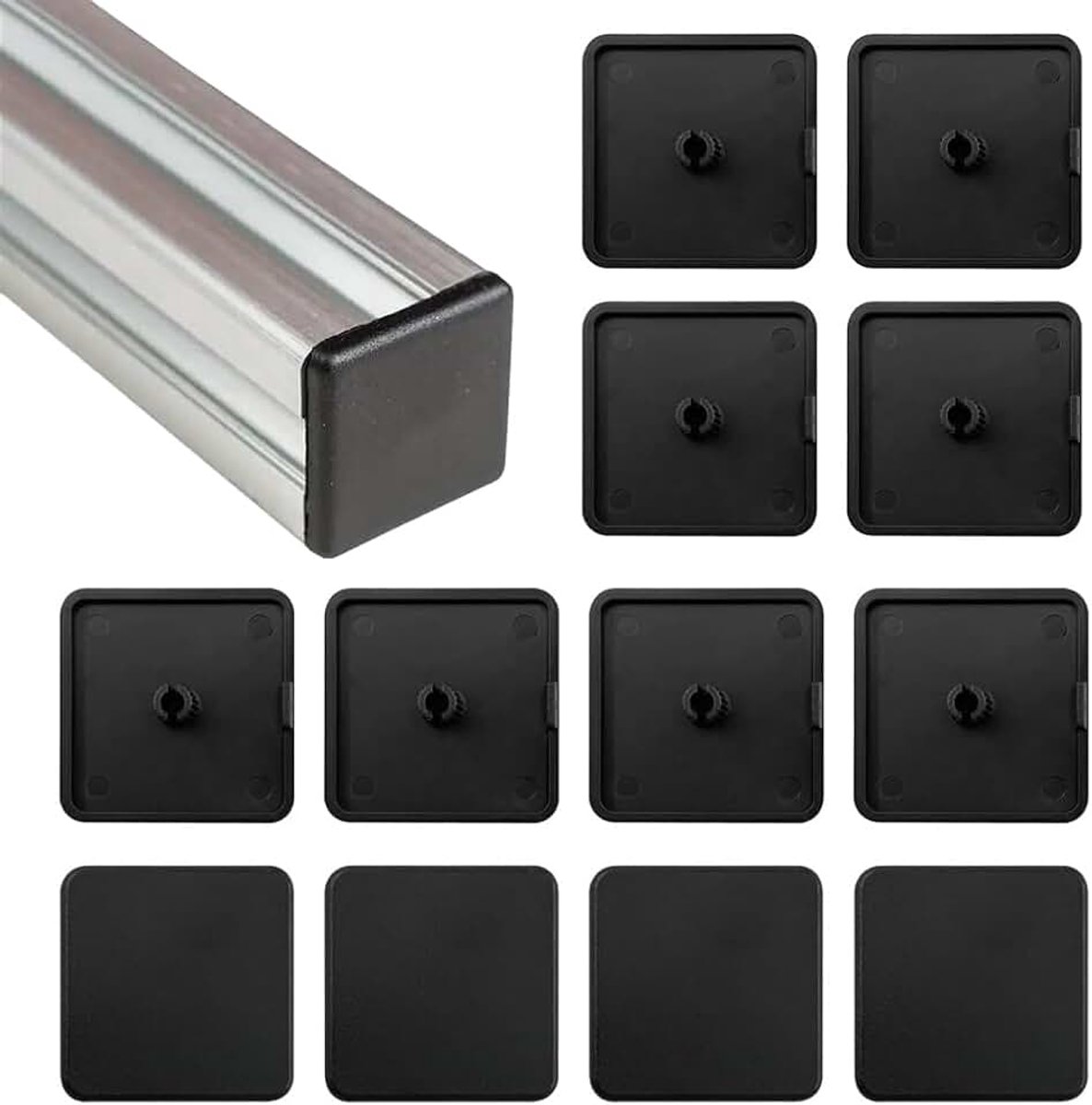 Eindkappen voor aluminium profiel, 12 kunststof afdekkappen zwart, vierkante buisstop, beschermkappen, profielafsluitingen voor aluminium profielen, meubelframes, constructies, werkplaats