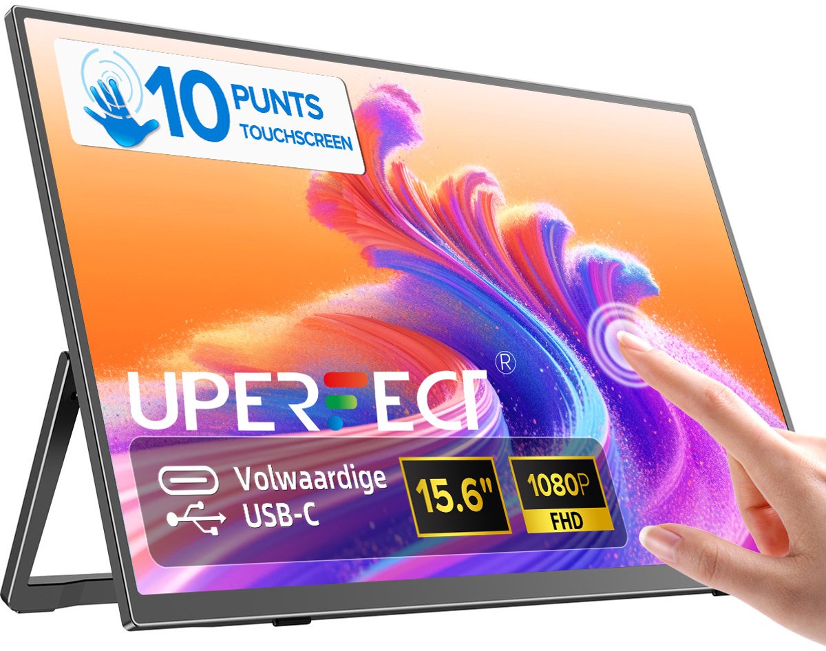 UPERFECT 15,6-inch draagbare touchscreen-monitor, 60 Hz, 1920x1080 FHD IPS, USB-C- & Mini-HDMI-poort, 10-punts touch, tweede scherm, FreeSync, voor laptop/telefoon/gameconsole, VESA-montage mogelijk