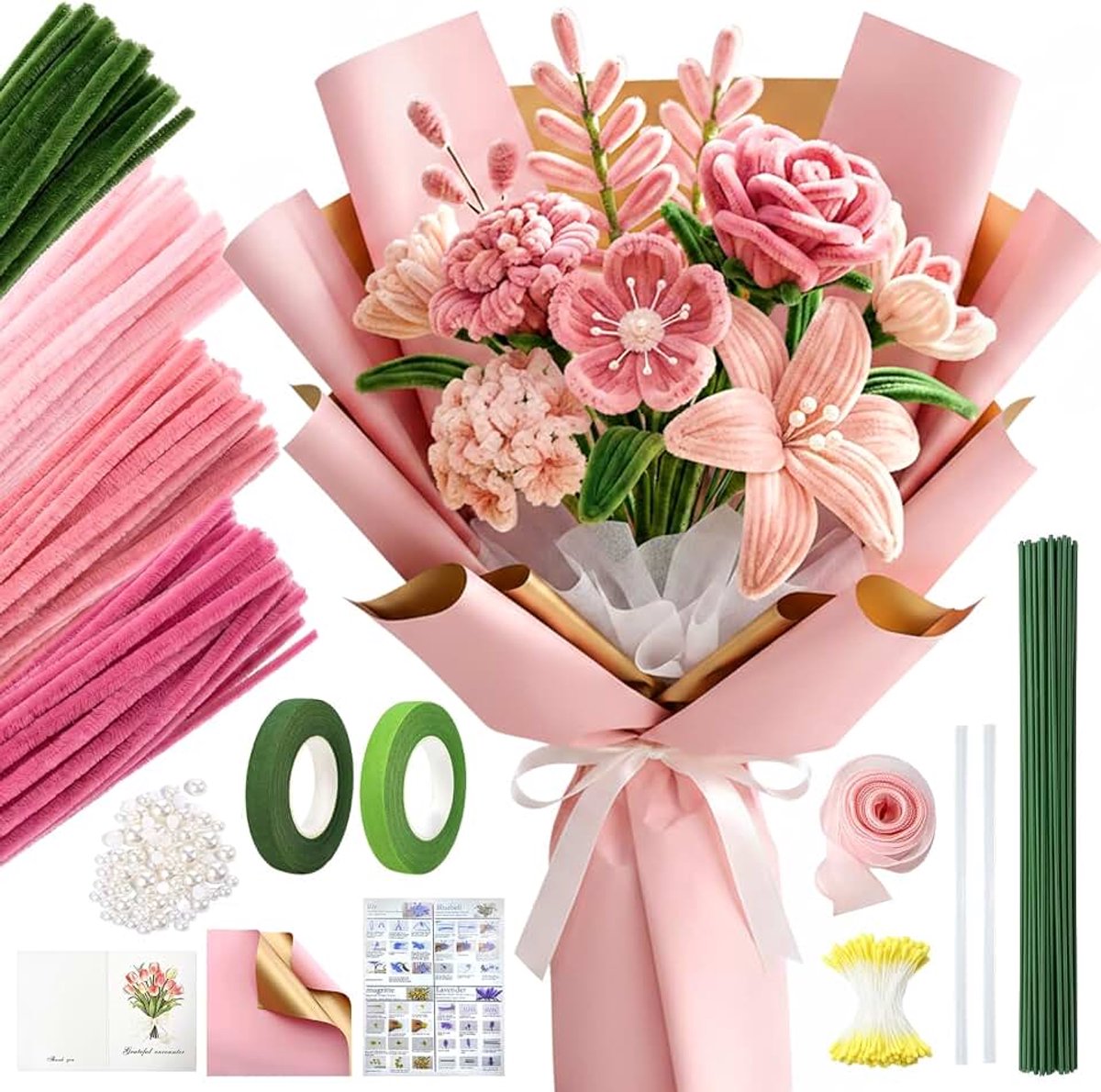 Pijpenreiniger, bloemenset met handleiding, 400 stuks pijpenreinigers om te knutselen, kleurrijk, 4 kleuren, Pipe Cleaner met bloemendraad, doe-het-zelf boeketten, roze tulp, lelie, moederdag