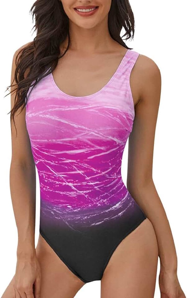 Heekpek Eendelig badpak voor dames, vest met kleurverloop, hoge taille, smalle pasvorm, sportief badpak voor dames, Paars verloop, XXL