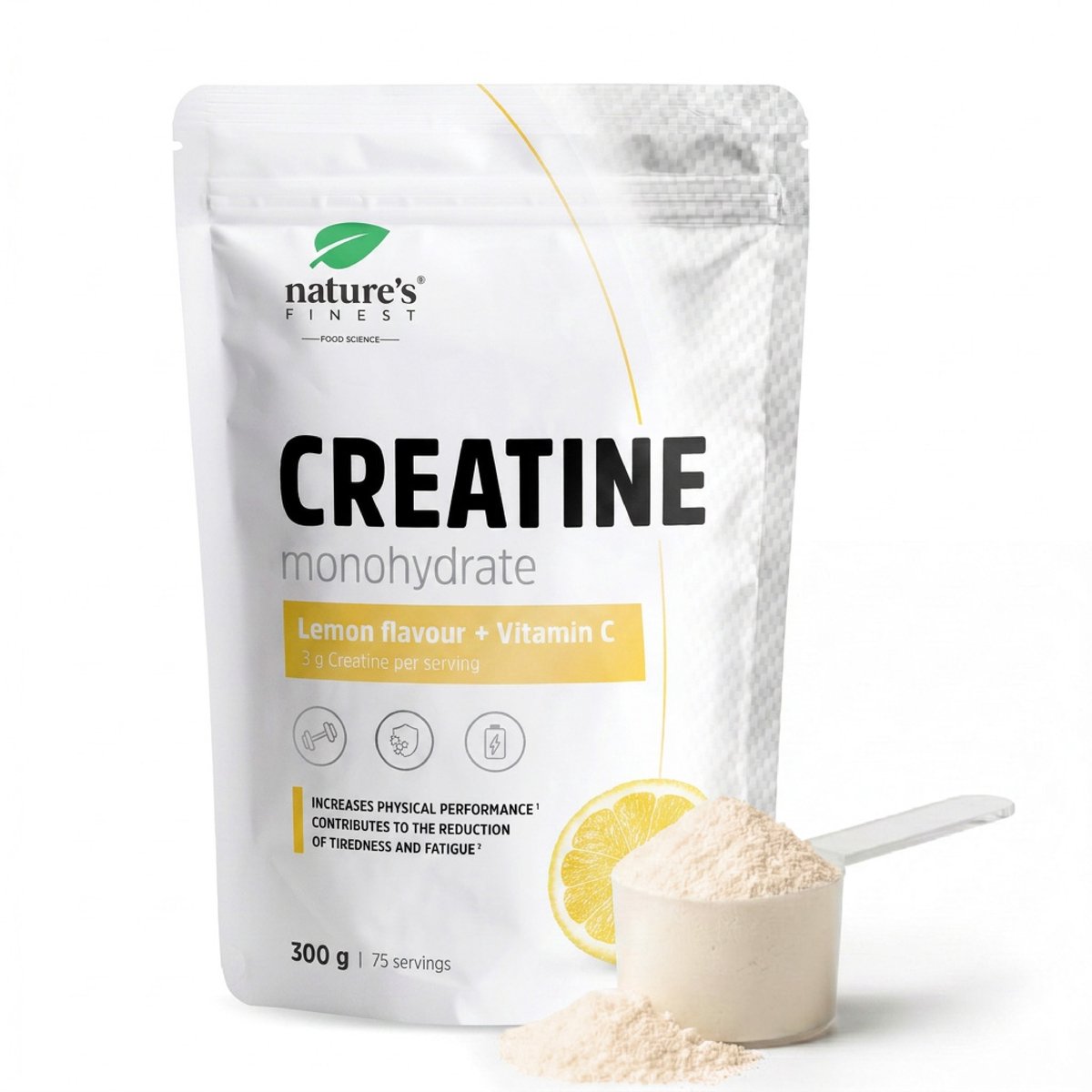 Nature's Finest Creatine Monohydraat Citroen - 300 g Poeder - 75 Porties - 3 g Creatine en 120 mg Vitamine C per Dagdosis - Verhoogt de Fysieke Prestaties bij Korte Intensieve Inspanning