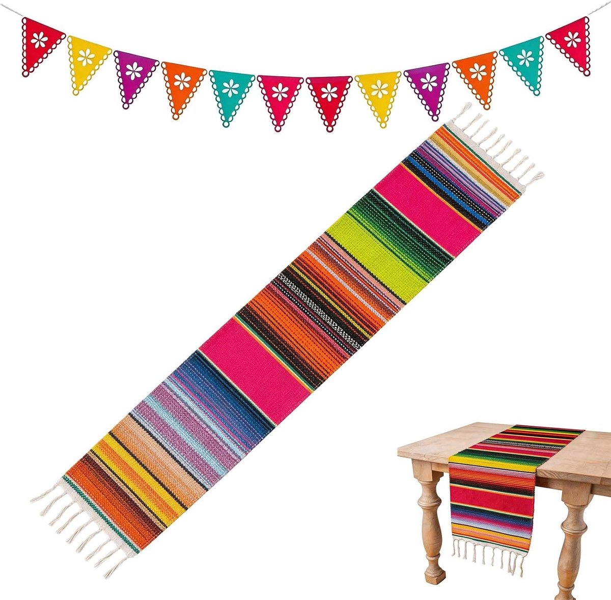 Loopbaan – Handgemaakte Serape Tafelkleed met Kleurige Vlaggen, Perfect voor Mexicaanse Thema Feesten en Speciale Gelegenheden