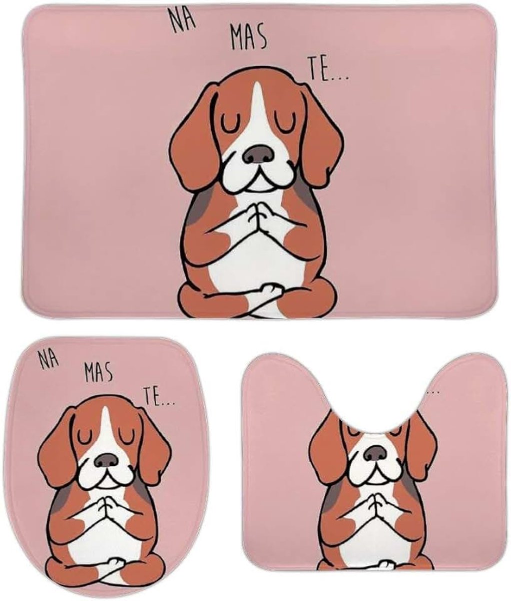 Fluwelen Vloermat Drie Sets NAMASTE Beagle -up Inclusief 60X40cm Hoge-absorberend WC-bril en 50X40cm Microvezel Zacht Pluizig Badkamer Tapijt, Antislip Mat Wasbaar