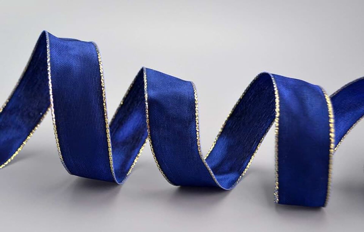 25 m x 25 mm Dekoband "Fairy Tale" BLAUW GOUD draadrandband met Lurex metaalgaren lint gouden rand zilveren rand cadeaulint Kerstmis stoffen lint metallic glanzend