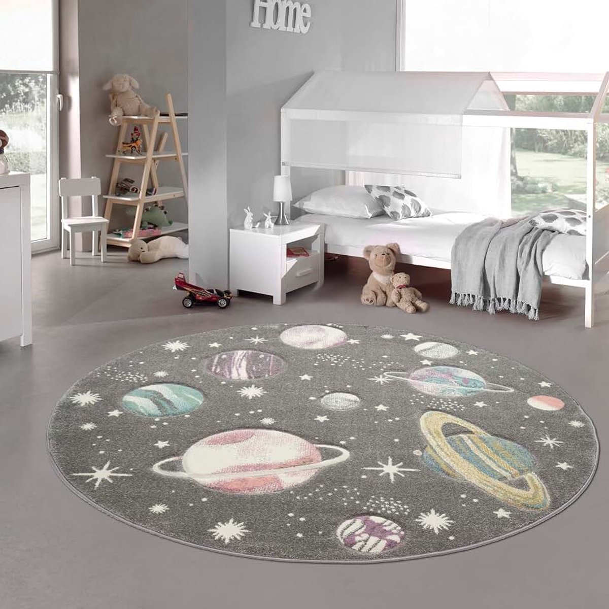 Tapijt kinderen tapijt ruimte leren tapijt met sterren en planeten in pastel grijs maat 120 cm Rund