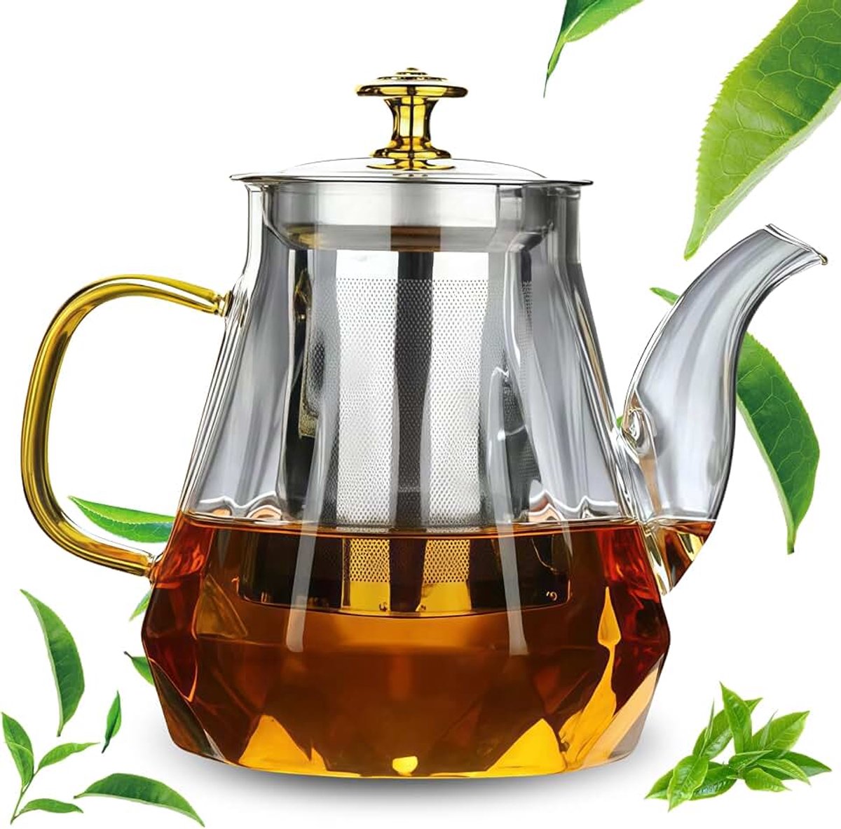 Theepot met zeefinzet: 1000 ml borosilicaatglas theepot, glazen theepot met roestvrijstalen zeef, hittebestendige glazen theepot met druppelvrij voor losse thee, kruidenthee en geschenken
