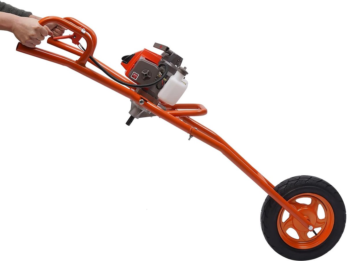 63CC benzine grondboor, kar, 2-takt, 3 pk, tuinboor incl. 80 mm boor, paalboor, grondboor, grondboor, grondboor, kruiwagen, voor snel boren in de grond vuil (rood)