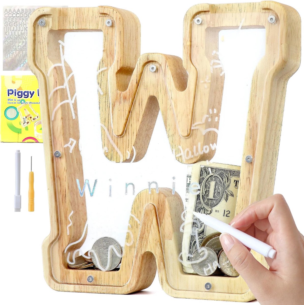 Spaarpot voor kinderen, letters van hout, voor A-Z, gepersonaliseerd spaarvarken, doorzichtig, alfabet, spaarpot, geschenkdecoratie, doop voor jongens en meisjes (W)