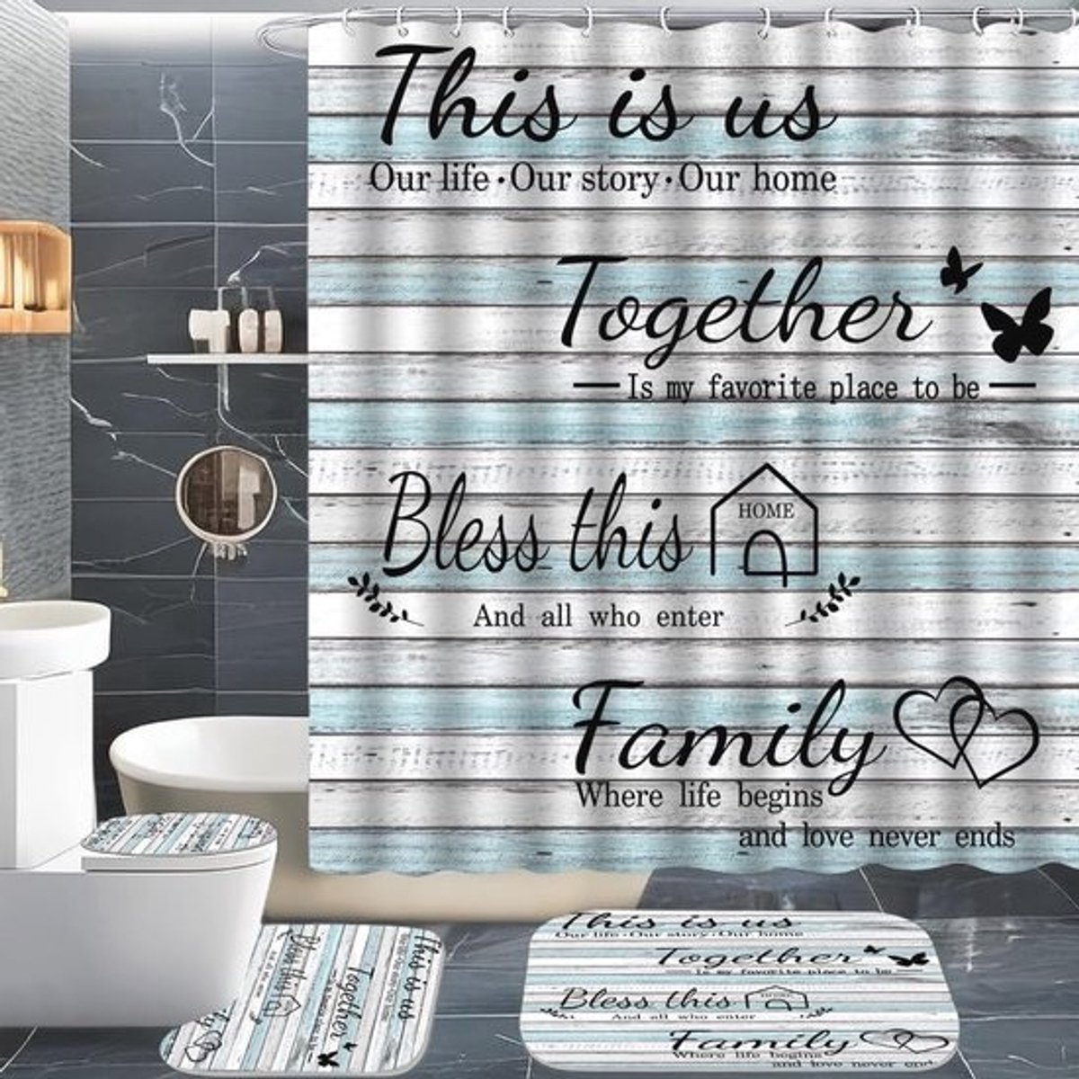 Familiedouchegordijnset met antislip badmat en toiletdekselhoes - Waterdichte badkameraccessoires