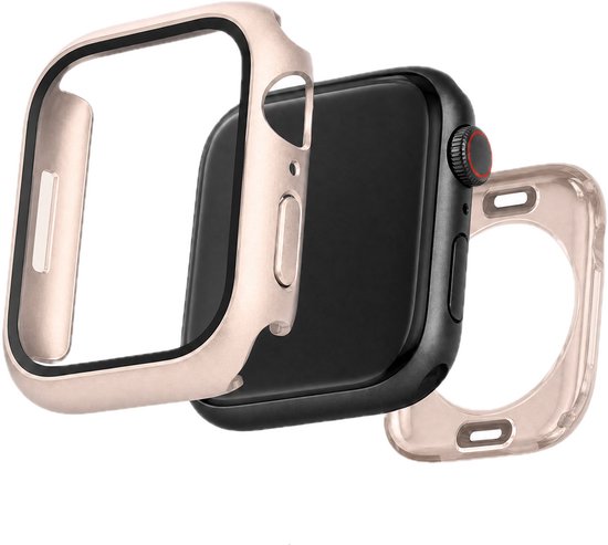 Rosegouden smartwatchbehuizingen getoond met een zwarte smartwatch.