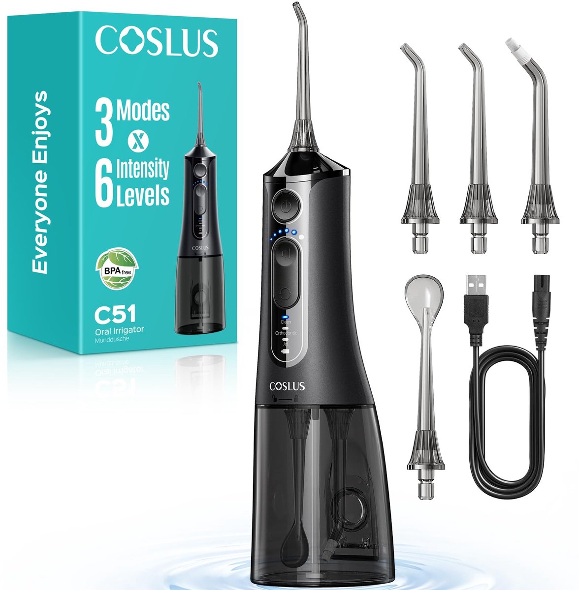 Waterflosser – Compacte draagbare monddouche met 3 standen, 6 drukniveaus en 300 ml reservoir