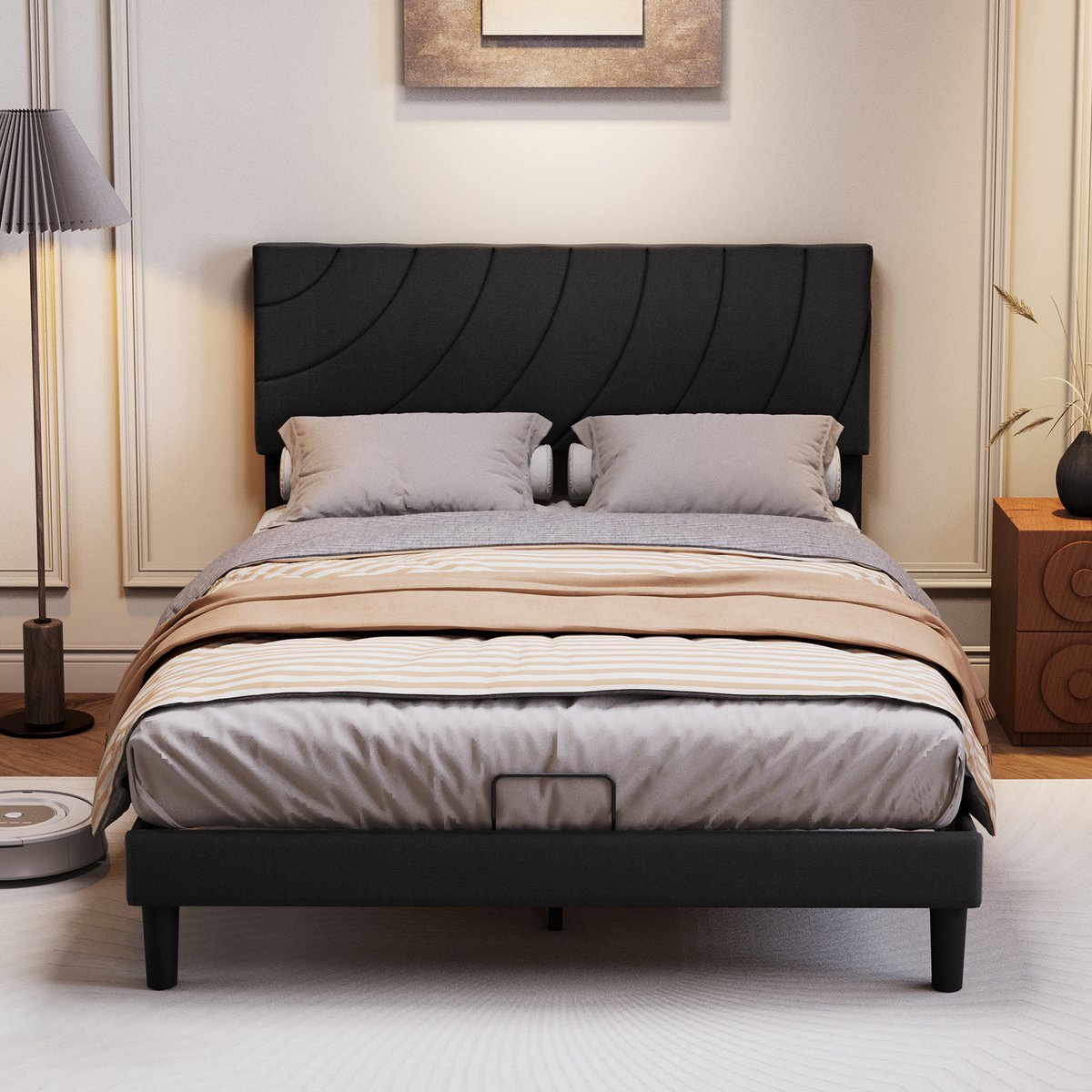 KUTAS Tweepersoonsbed 140 x 200 cm - Lattenbodem - Gestoffeerd Bedframe - Antislip Bedpoten - Verstelbaar Hoofdbord - Zwart