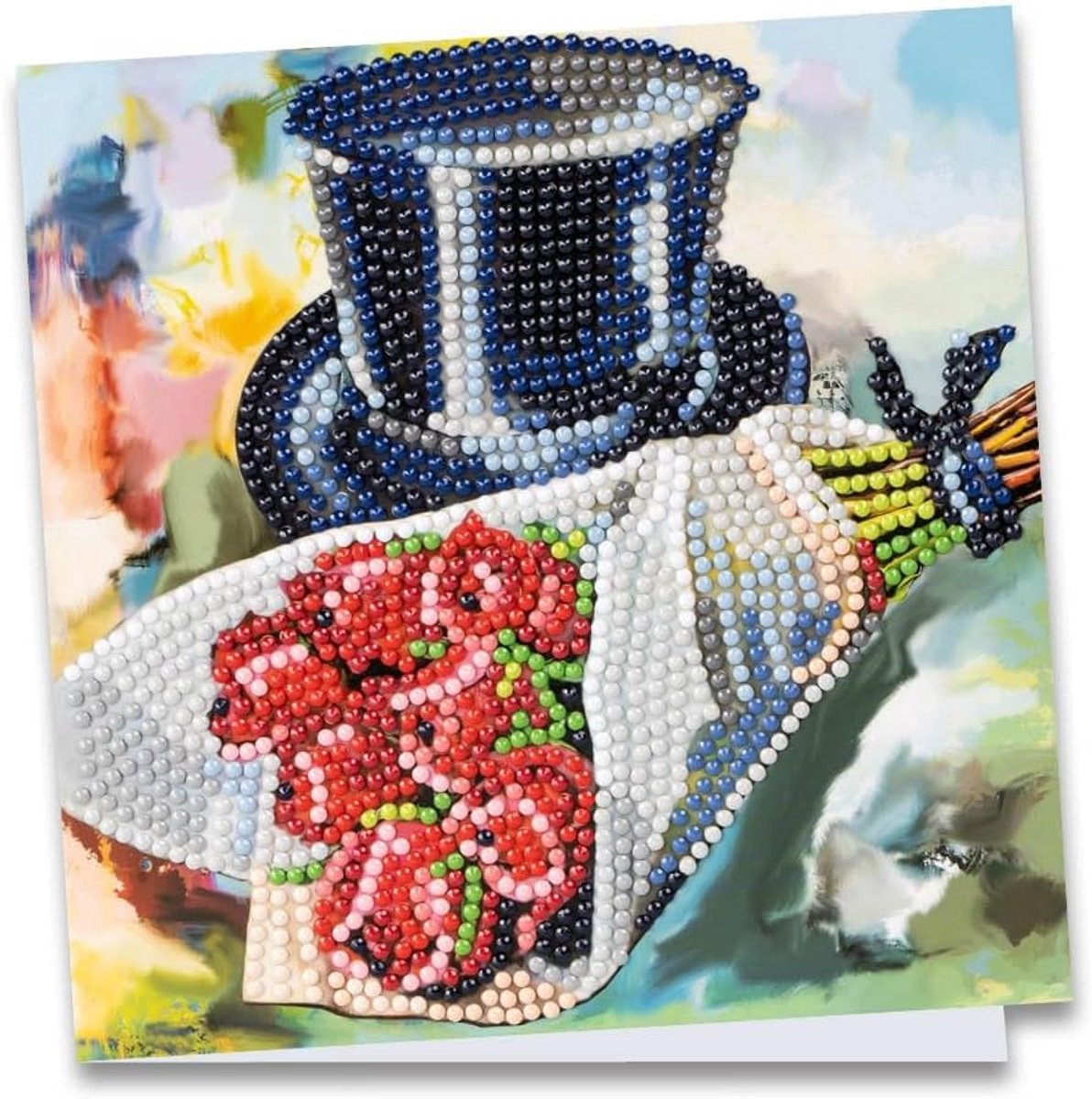 mit Herz Diamond-Painting-wenskaart, 16 x 16 cm, 370 g/m², inclusief envelop en gereedschap, cilinder met rozenboeket