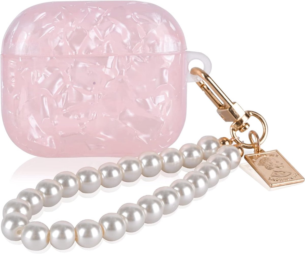 Shell Case voor AirPods 3 (2021) met parel pols ketting sleutelhanger, Sparkle Bling Pretty Cute beschermende huid cover voor vrouwen meisjes tieners zachte TPU