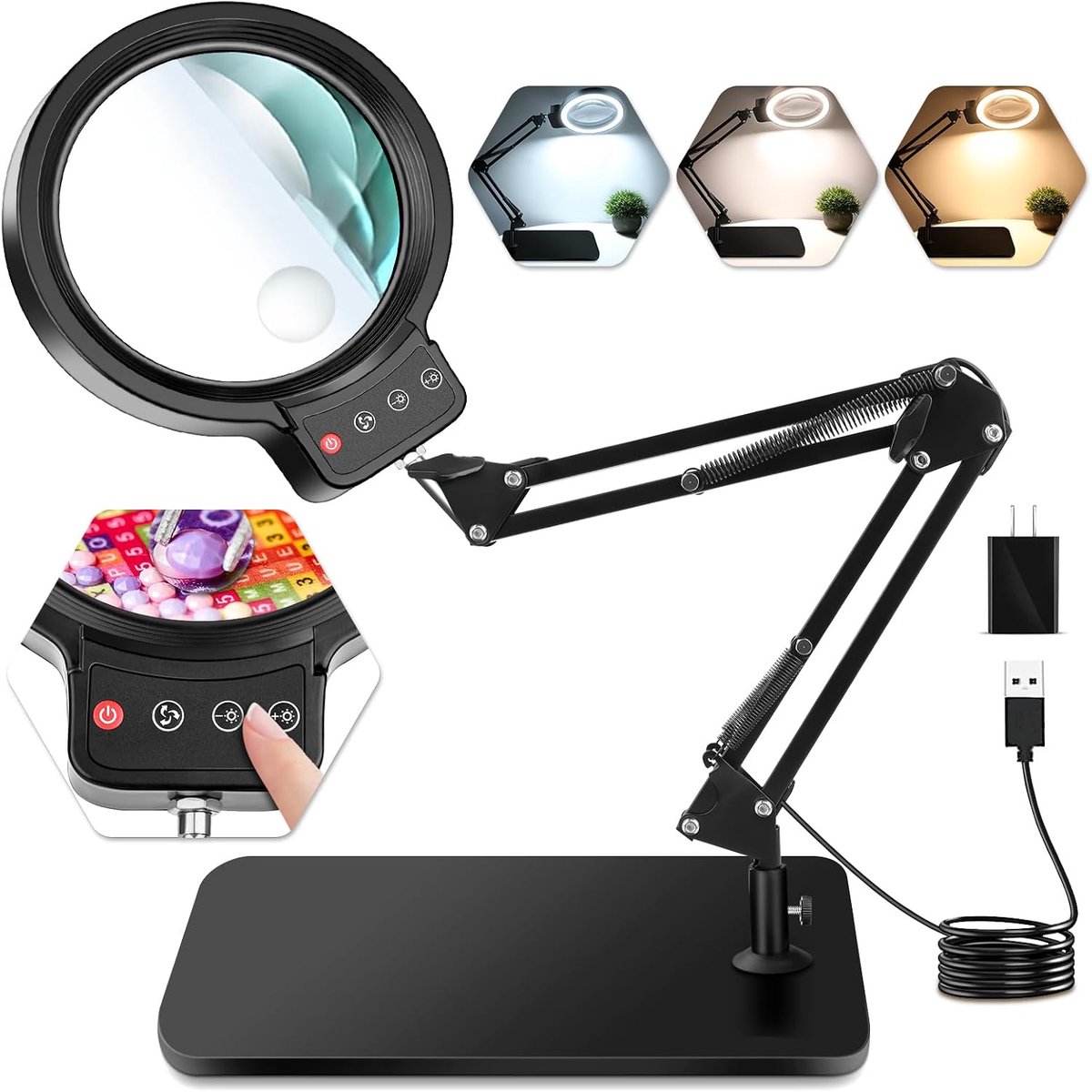 Vergrootglas met LED-verlichting, 10× Grote Leesloep met Echte Glazen Lens, 5 Kleurstanden & Traploos Dimbaar, met Klemhouder en Verstelbare Zwenkarm, Handsfree voor Lezen, Knutselen en Precisiewerk