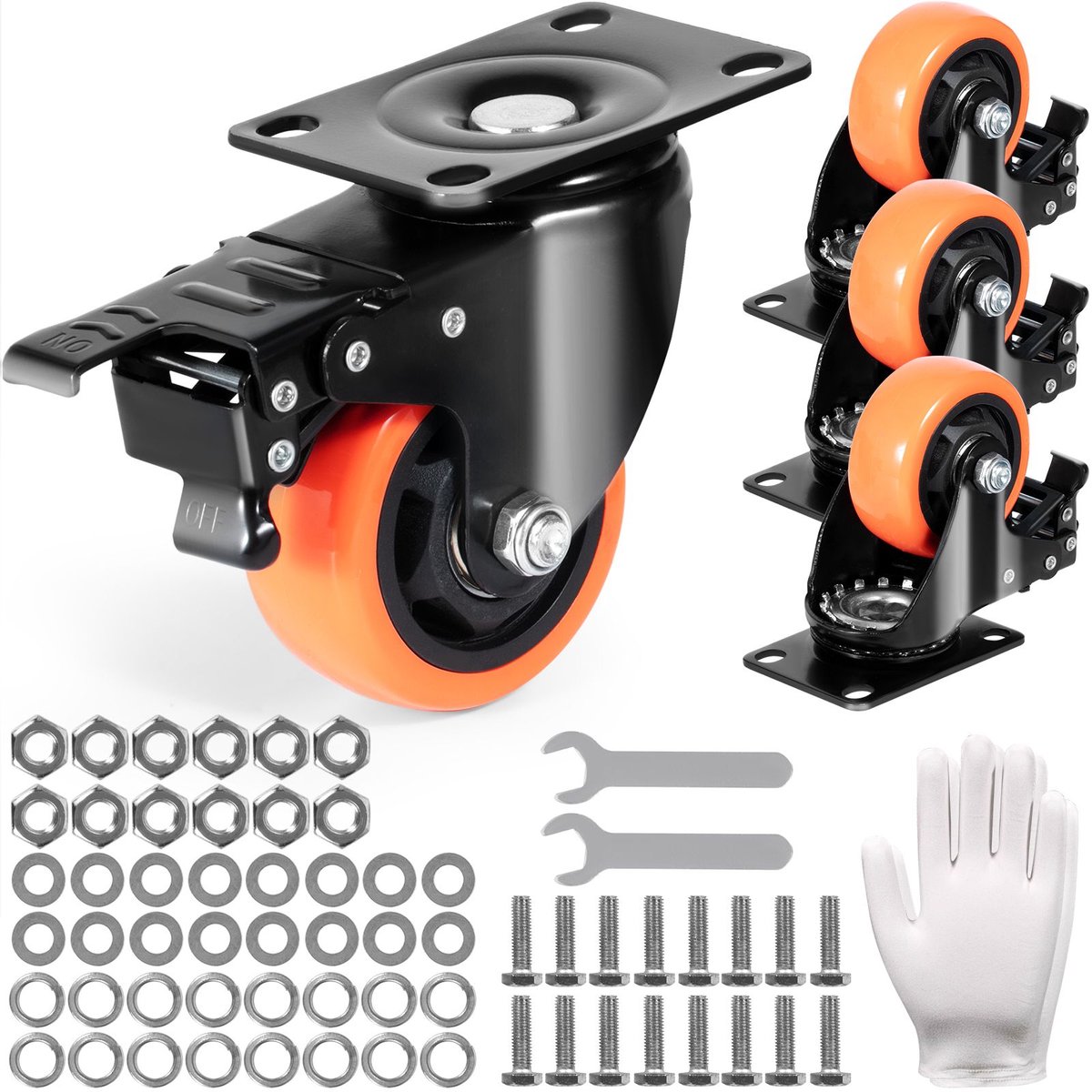 Zwenkwielen, 7,6 cm zwenkplaatwielen, set van 4, met A/B-beveiligingsvergrendeling, geluidsarme PVC-wielen, zware uitvoering, draagvermogen van 113,4 kg per wiel, laten geen strepen achter voor karren, meubels en werkbanken.