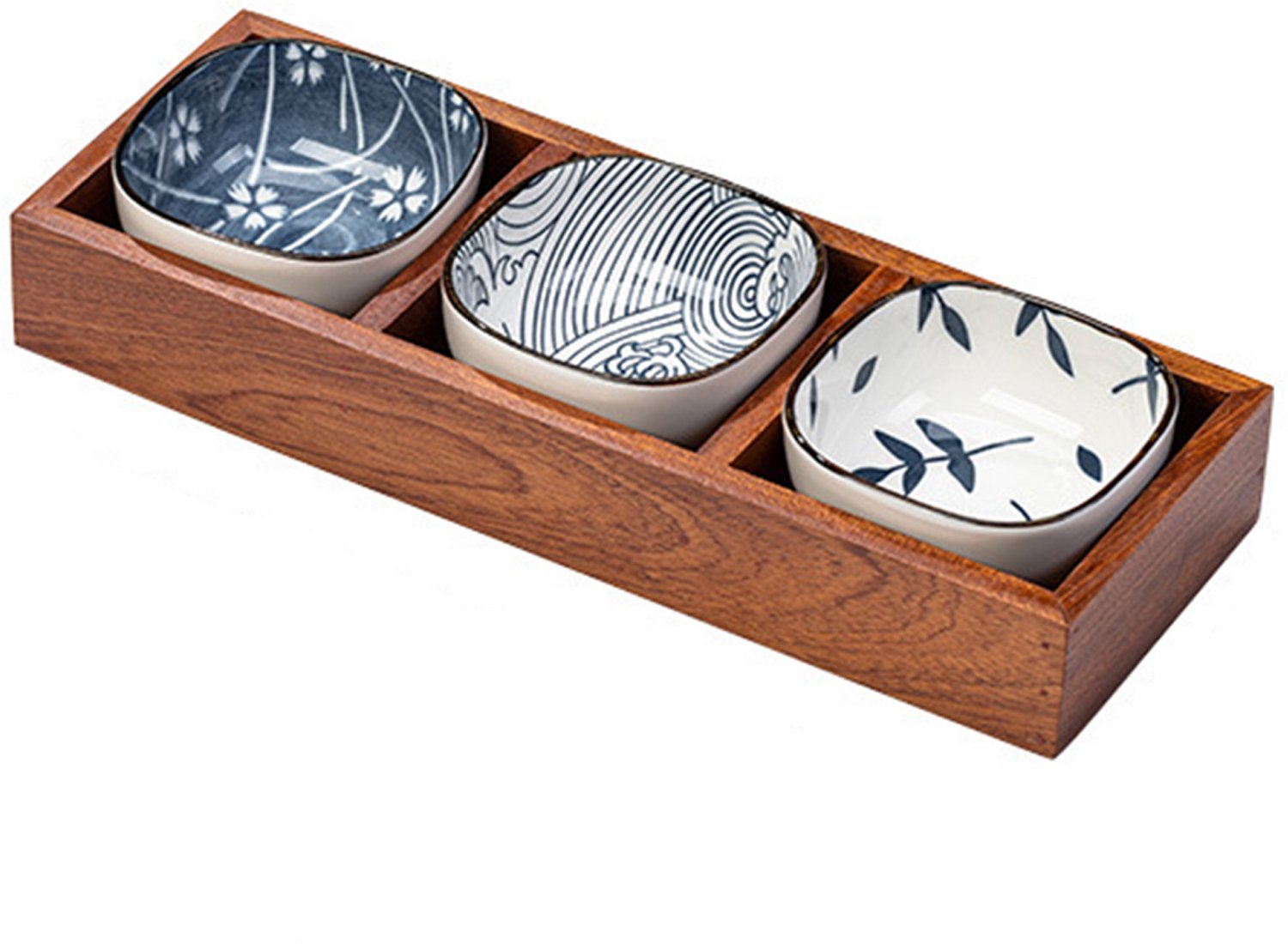 Set van 3 Snackkommen Porselein op Dienblad met houten serveertray, blauw-wit servies met 3 vakken, voor snacks, sushi, tapas, sausjes en hotpot ingrediënten, elegant design met gladde houten basis voor stijlvol serveren